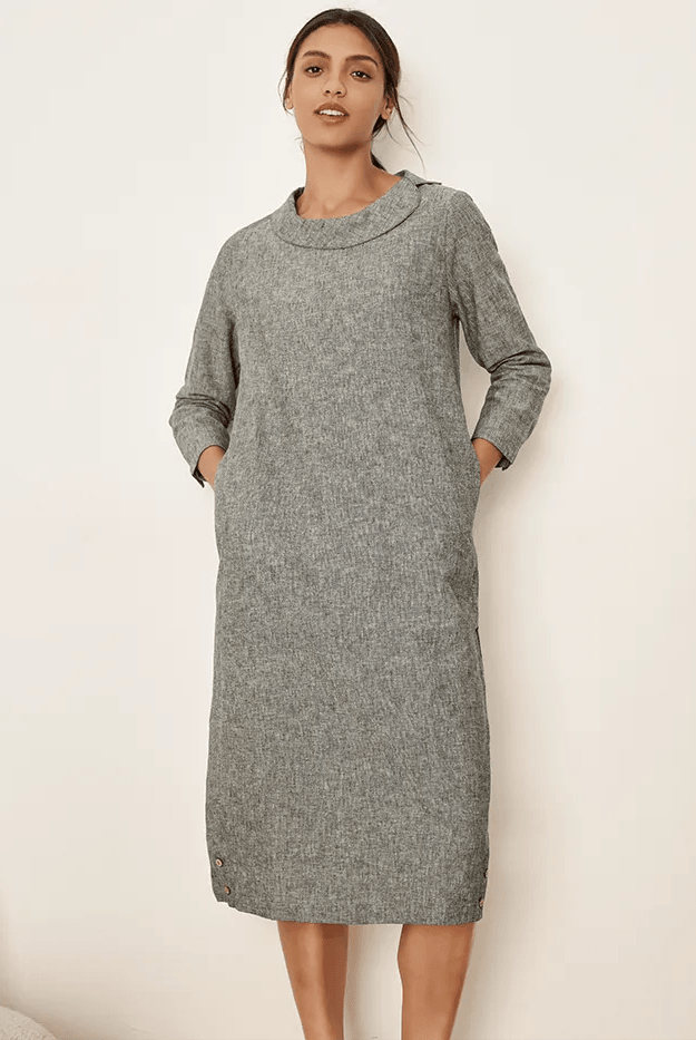 Linen Round Soft-Fold Collar Midi Dress Mellow - Neutral Grey / S - DRESSES-Linen