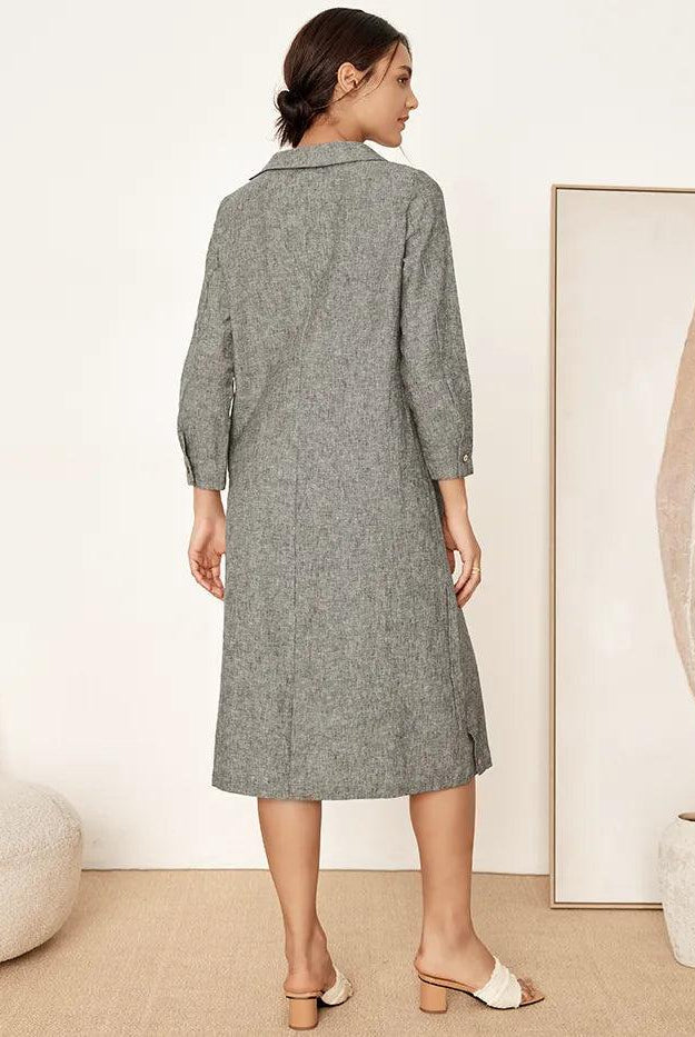 Linen Round Soft-Fold Collar Midi Dress Mellow - DRESSES-Linen