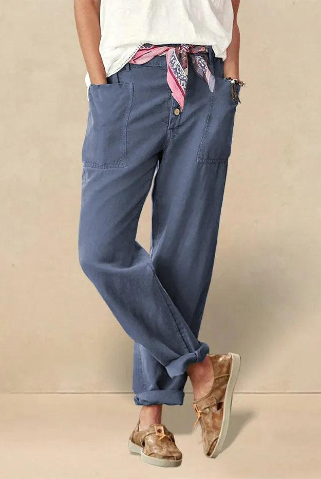 Linen Simple Button Fly Trousers HEIDI - BOTTOMS-Linen Pants