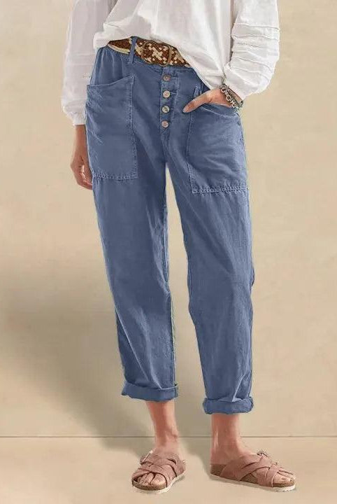 Linen Simple Button Fly Trousers HEIDI - Dusty Blue / XS - BOTTOMS-Linen Pants