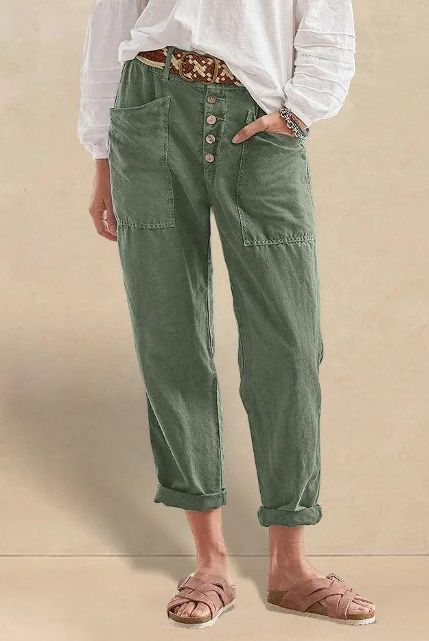 Linen Simple Button Fly Trousers HEIDI - Forest Green / XS - BOTTOMS-Linen Pants
