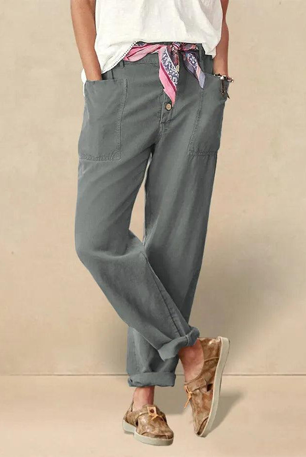 Linen Simple Button Fly Trousers HEIDI - Neutral Grey / XS - BOTTOMS-Linen Pants