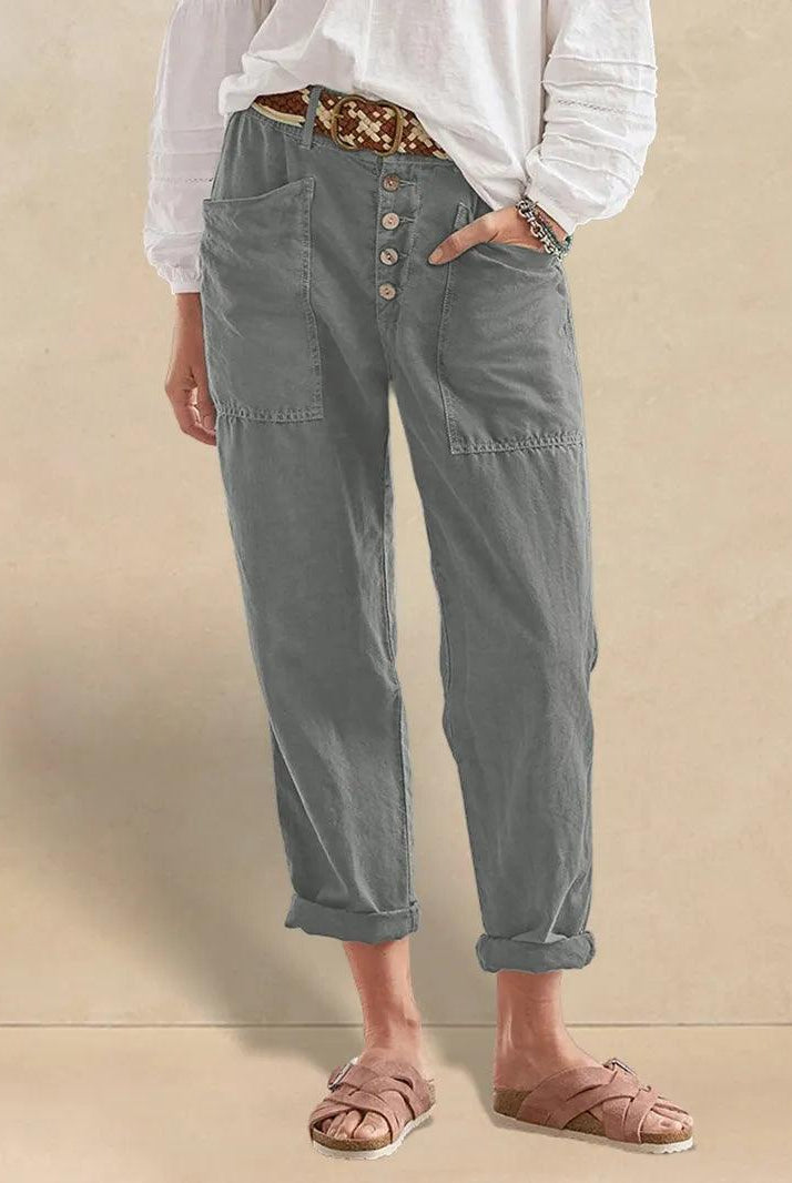 Linen Simple Button Fly Trousers HEIDI - BOTTOMS-Linen Pants