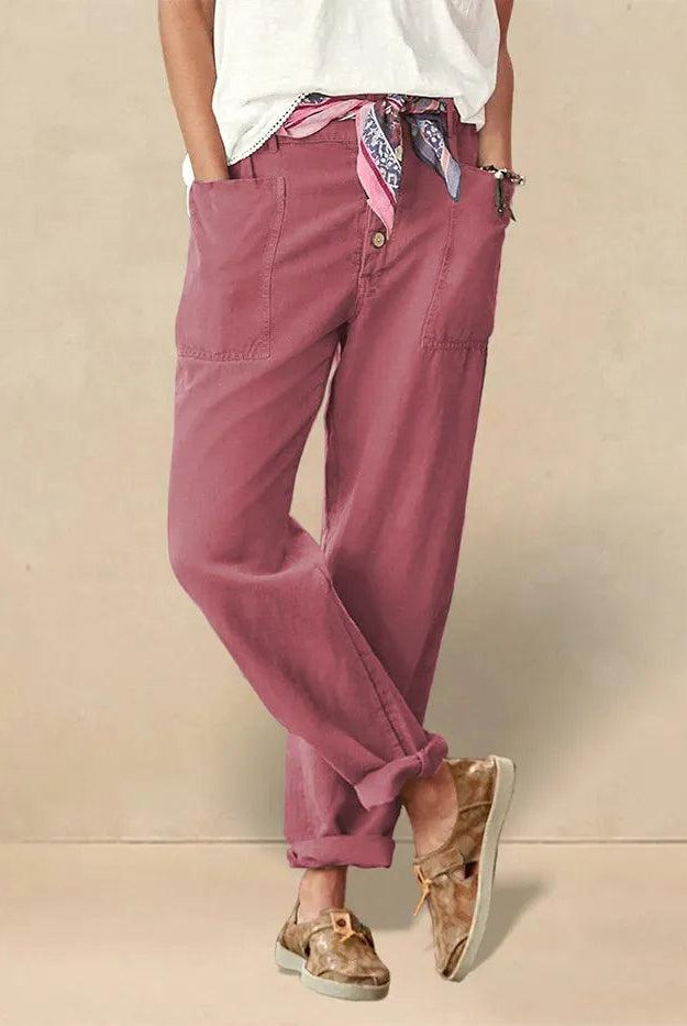 Linen Simple Button Fly Trousers HEIDI - BOTTOMS-Linen Pants