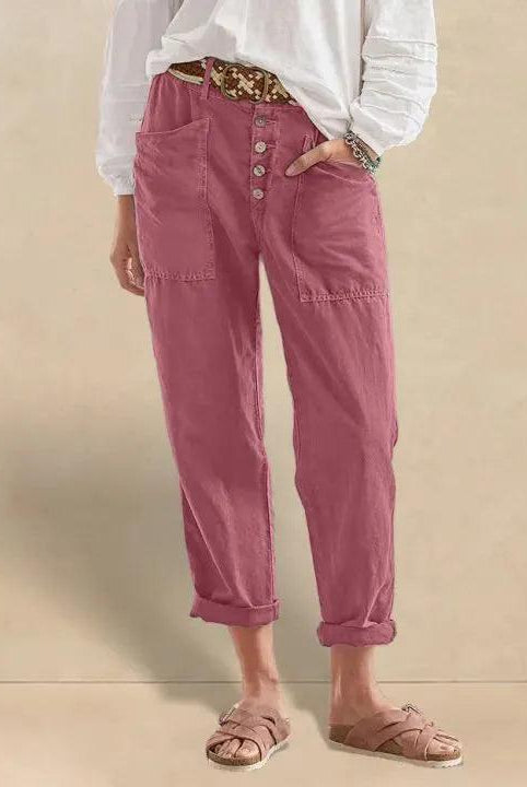 HEIDI Linen Simple Button Fly Trousers - Raspberry Pink / XS - BOTTOMS-Linen Pants