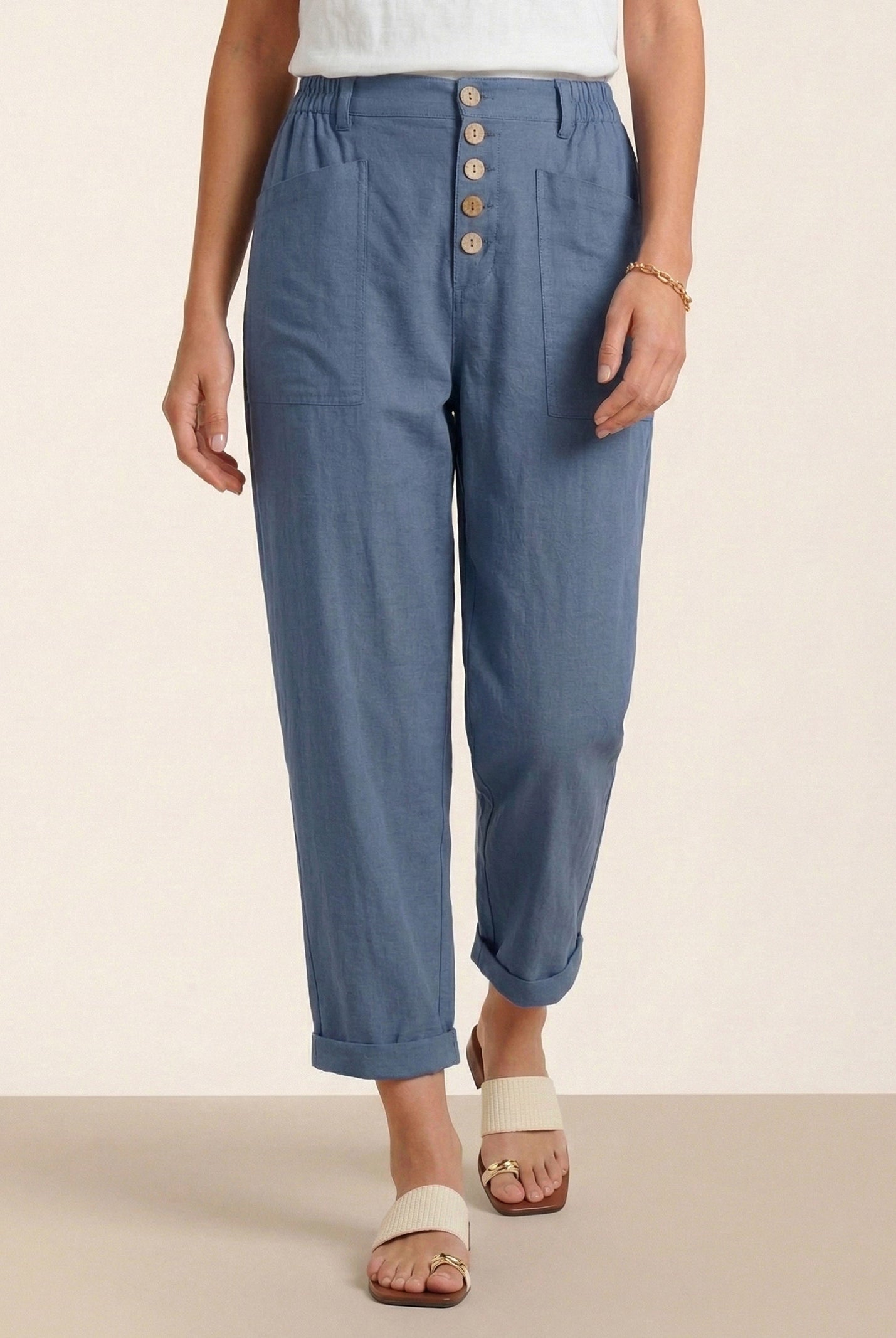 Linen Simple Button Fly Trousers HEIDI by LINTICO for women