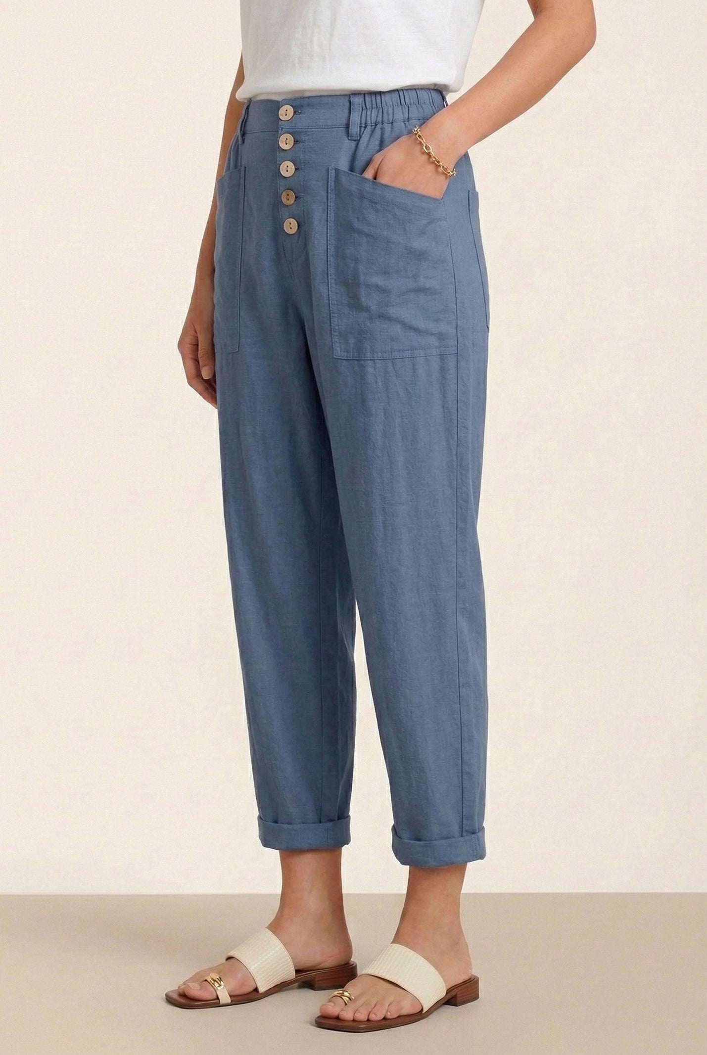 Linen Simple Button Fly Trousers HEIDI by LINTICO for women