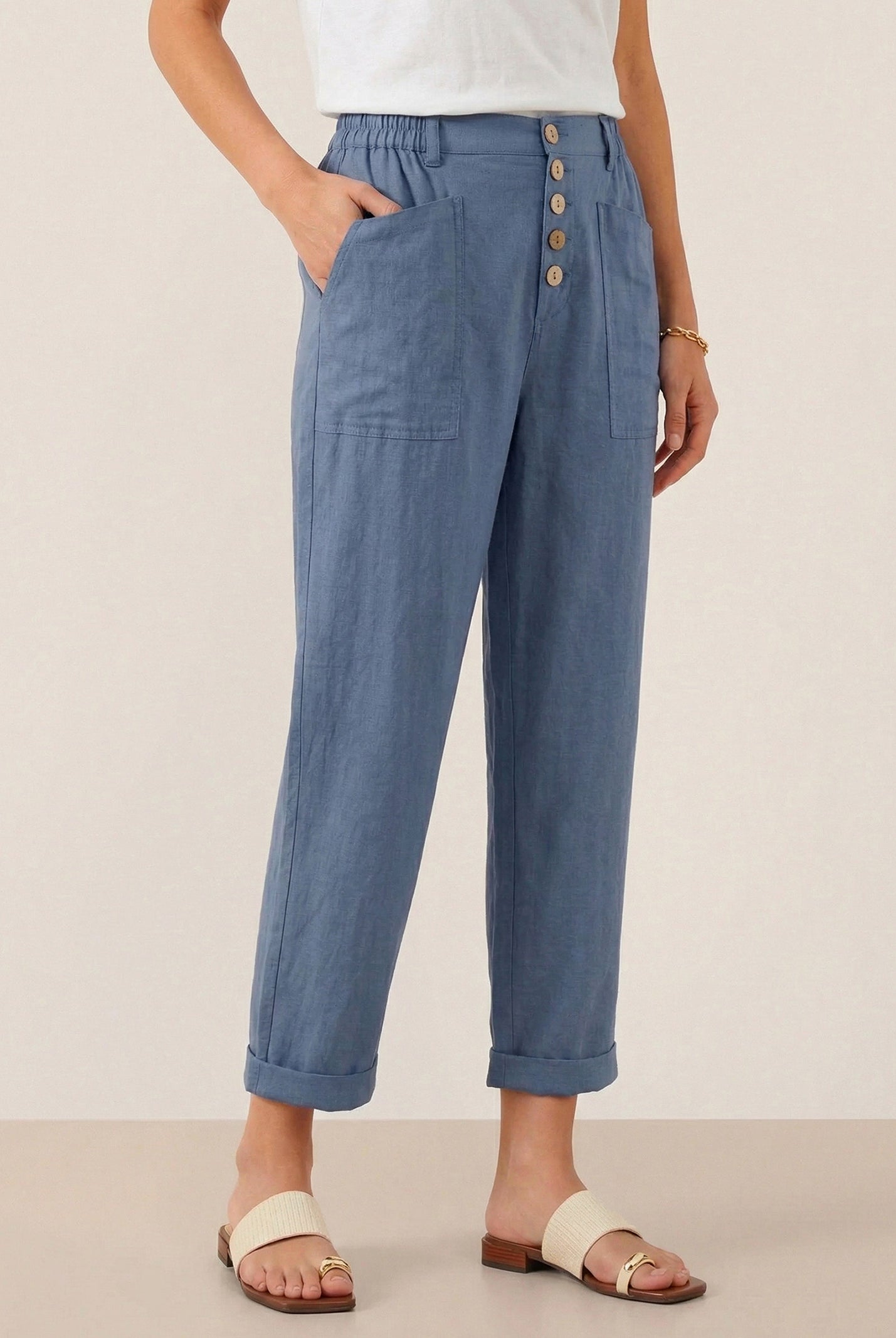 Linen Simple Button Fly Trousers HEIDI by LINTICO for women