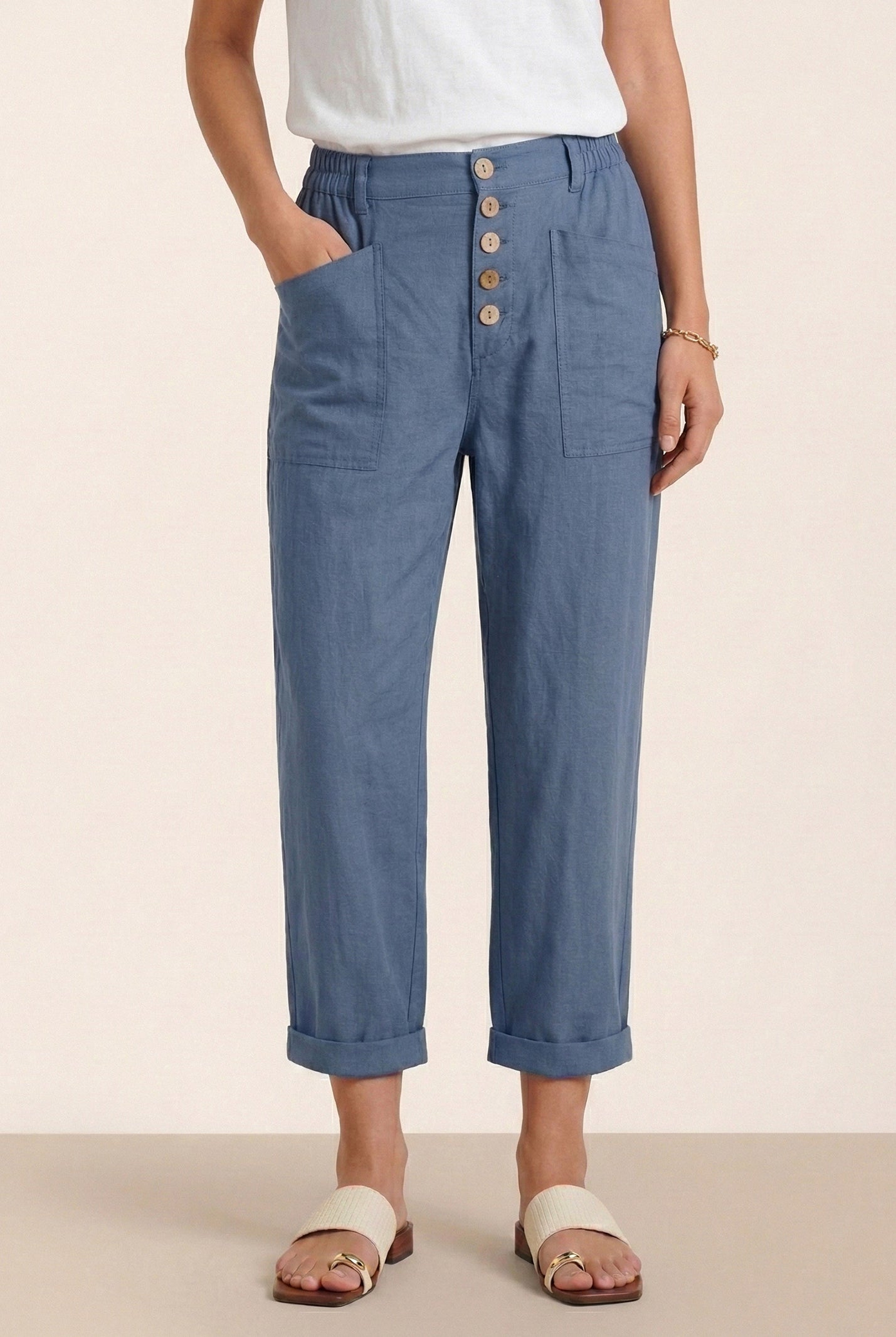 Linen Simple Button Fly Trousers HEIDI by LINTICO for women