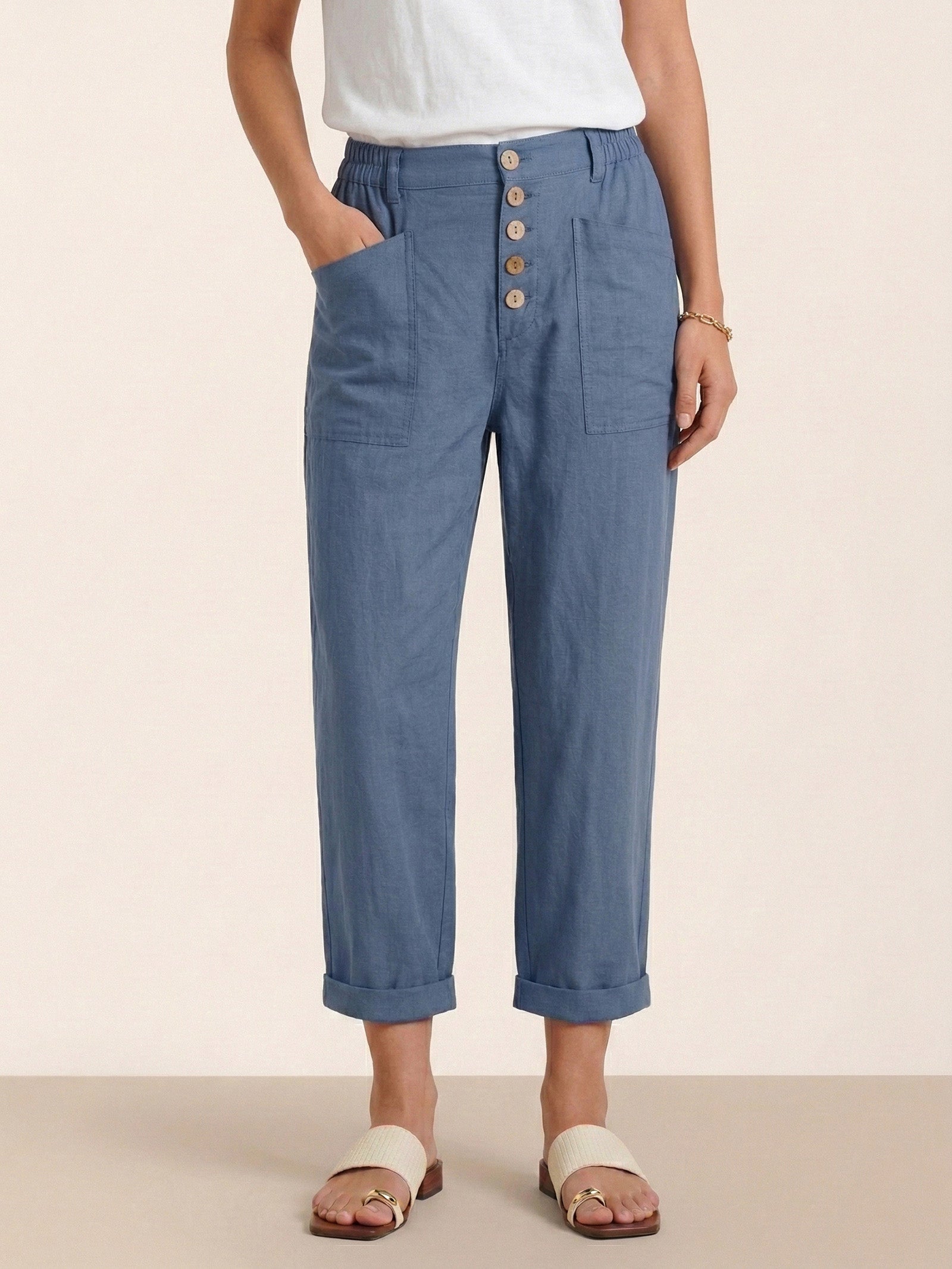 Linen Simple Button Fly Trousers HEIDI by LINTICO for women