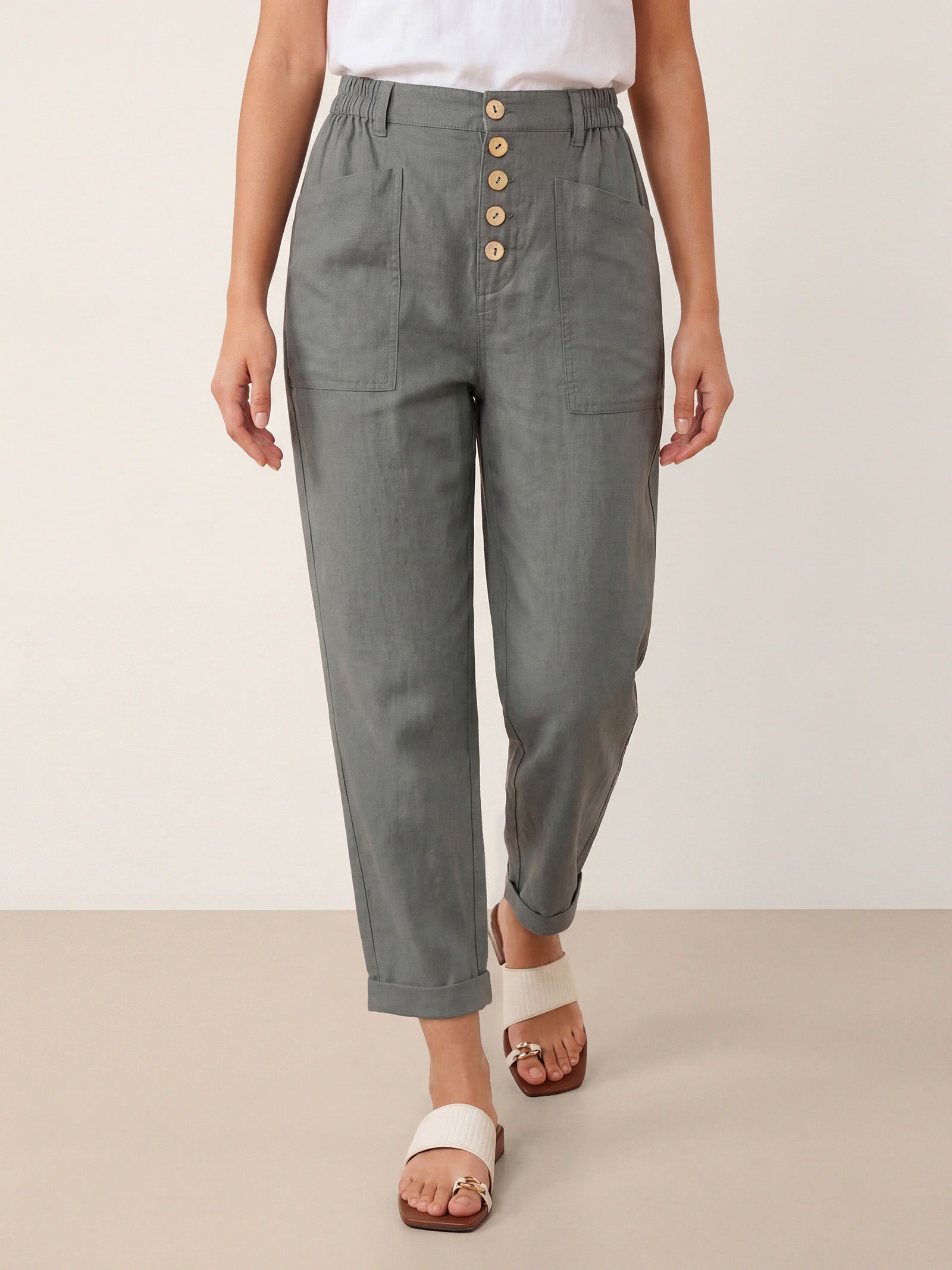 Linen Simple Button Fly Trousers HEIDI by LINTICO for women