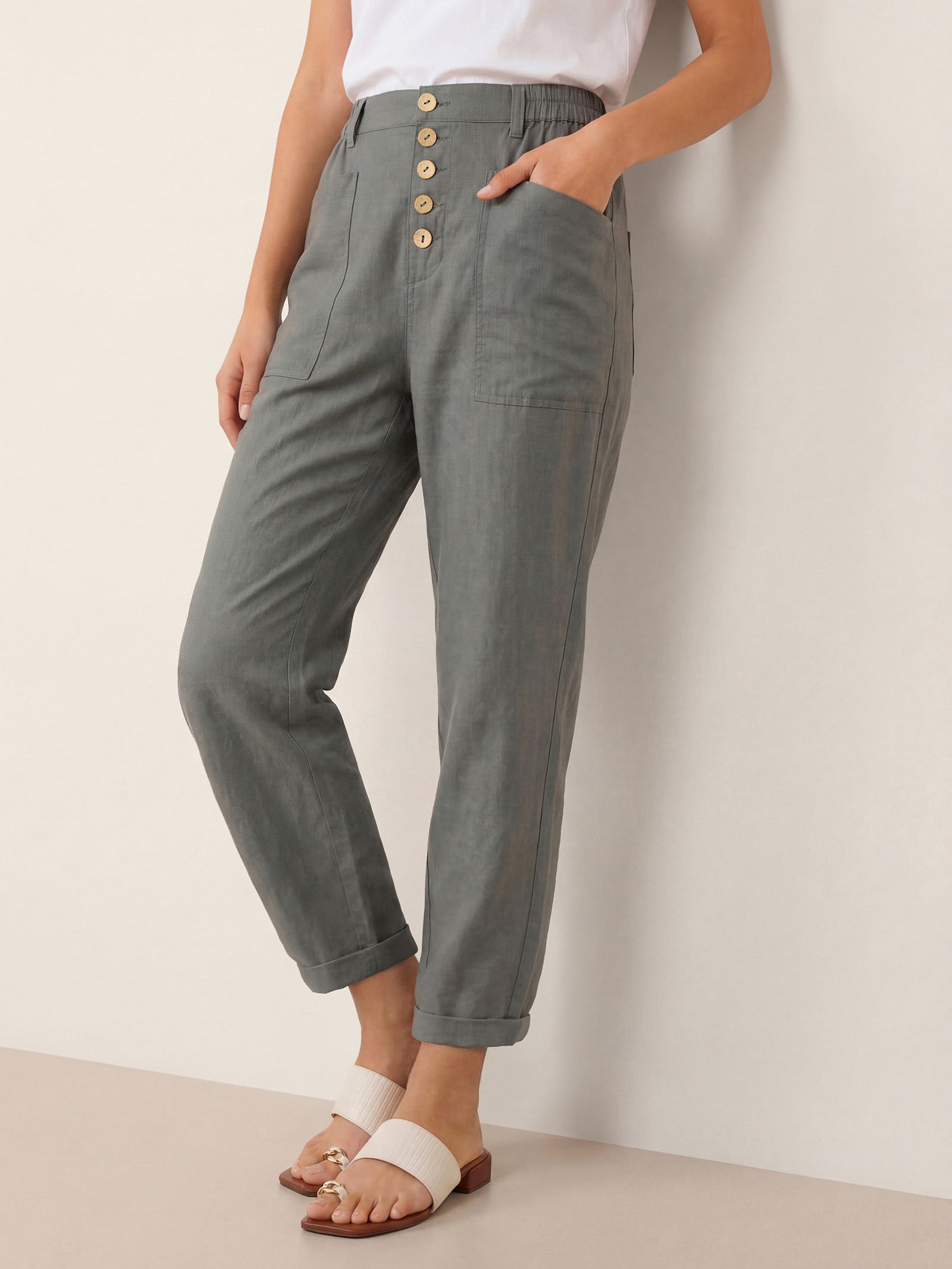 Linen Simple Button Fly Trousers HEIDI by LINTICO for women