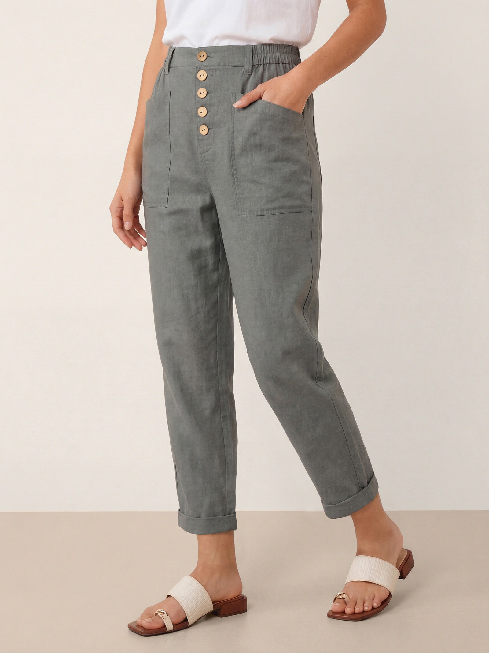 Linen Simple Button Fly Trousers HEIDI by LINTICO for women