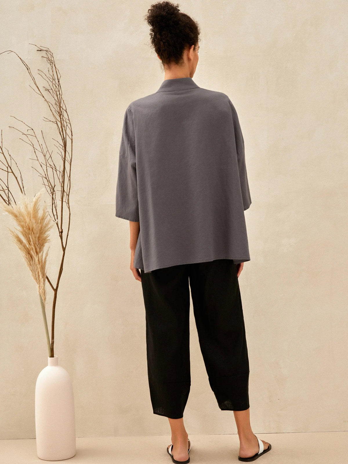 Linen Square Neck Long Sleeve Shirt LIBBY - Neutral Grey / One-size - TOPS-Linen Button Down Shirts