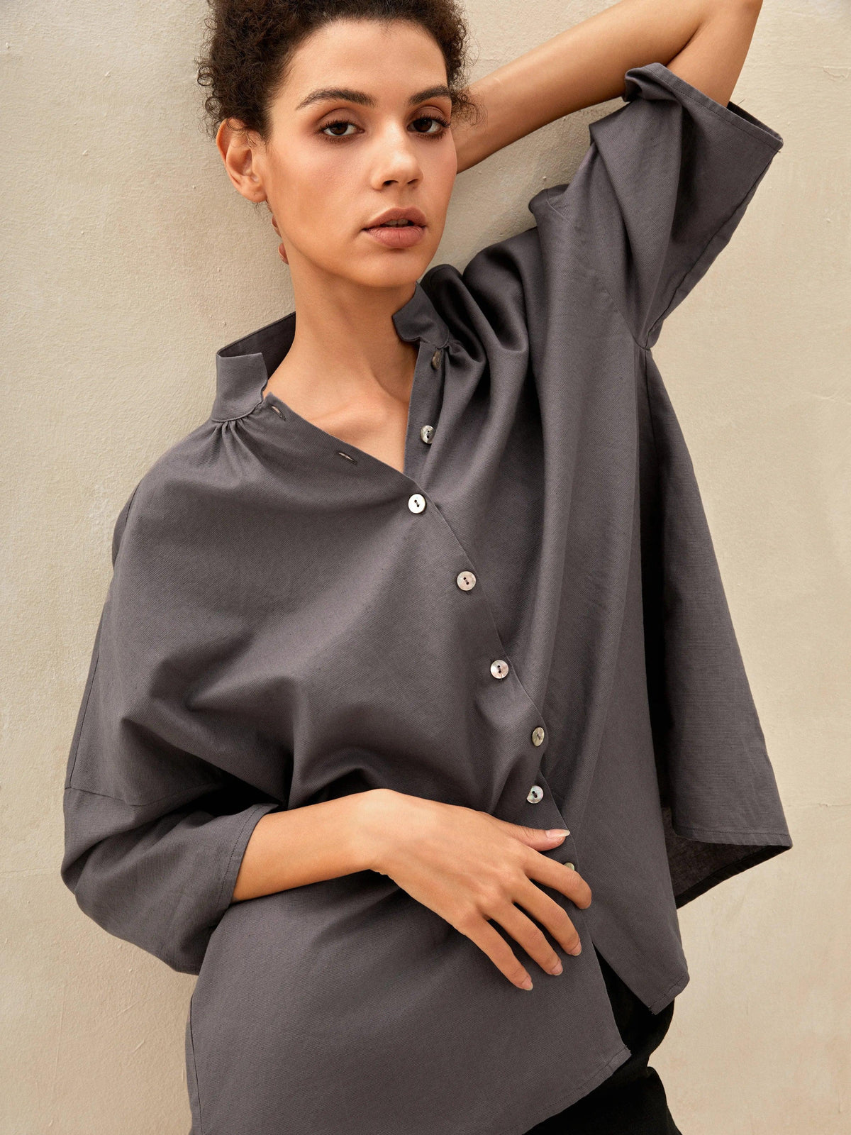 Linen Square Neck Long Sleeve Shirt LIBBY - Neutral Grey / One-size - TOPS-Linen Button Down Shirts
