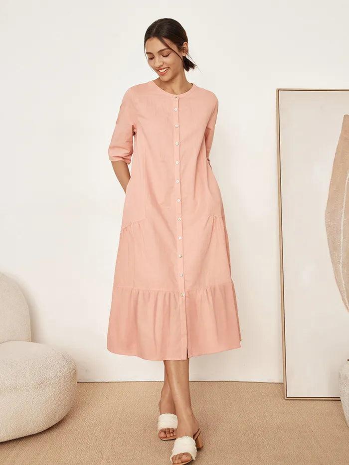 Linen Tiered Button-Through Dress KATE - DRESSES-Linen Maxi