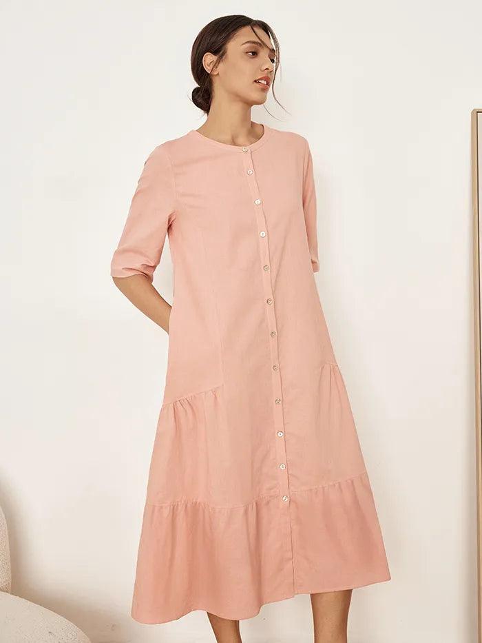 Linen Tiered Button-Through Dress KATE - DRESSES-Linen Maxi