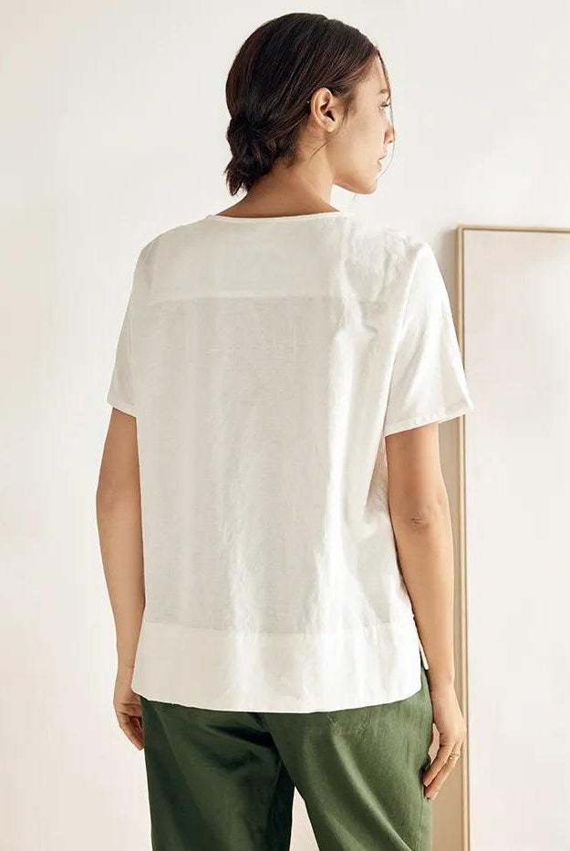Linen Wide Short-Sleeved Top SERAPHINA - TOPS-Linen Button Down Shirts