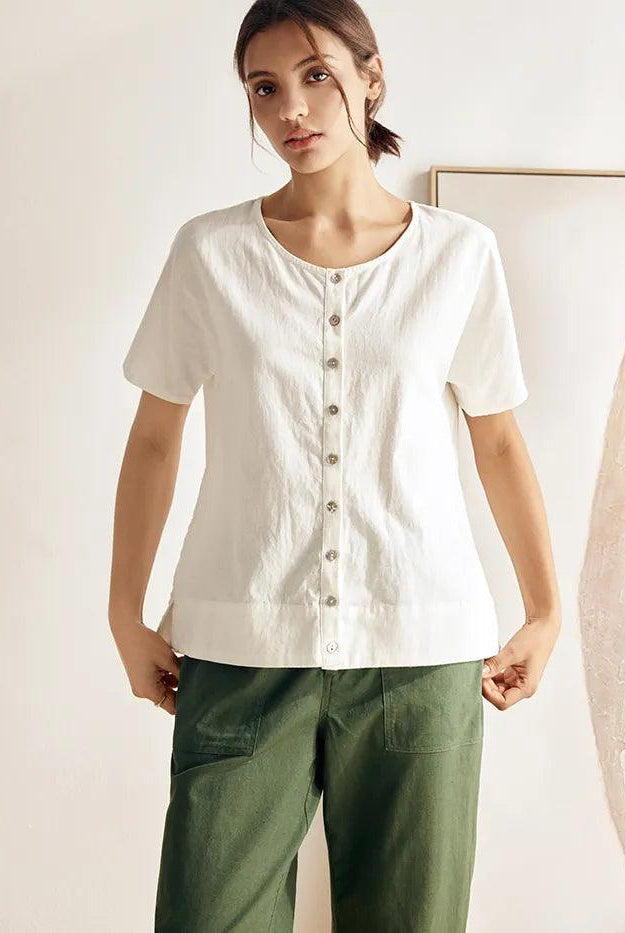 Linen Wide Short-Sleeved Top SERAPHINA - Off White / S - TOPS-Linen Button Down Shirts
