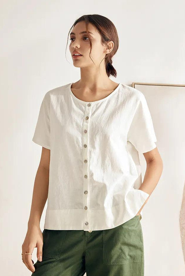 Linen Wide Short-Sleeved Top SERAPHINA - TOPS-Linen Button Down Shirts