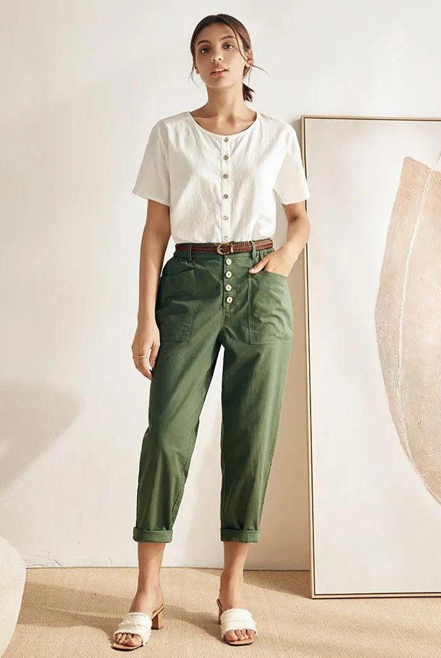 Linen Wide Short-Sleeved Top SERAPHINA - TOPS-Linen Button Down Shirts
