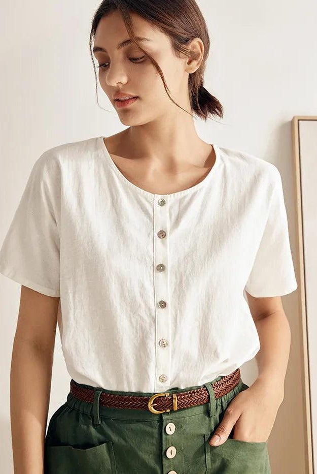 Linen Wide Short-Sleeved Top SERAPHINA - TOPS-Linen Button Down Shirts