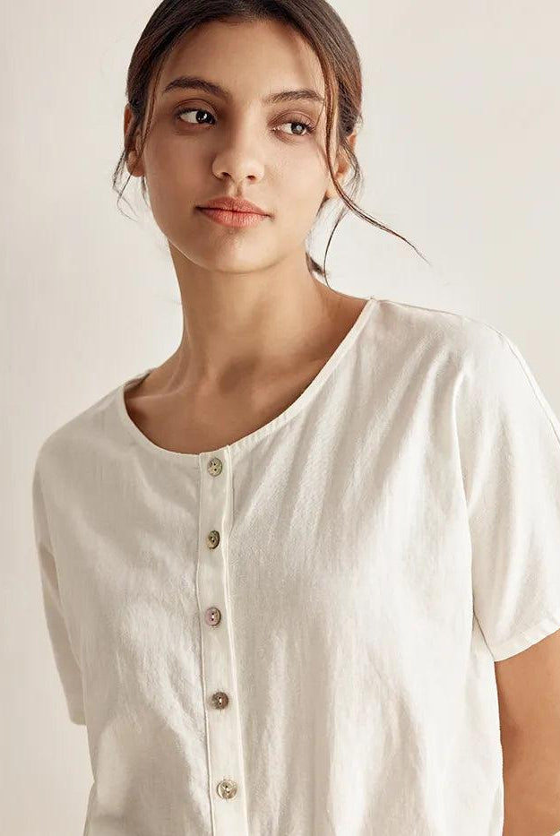 Linen Wide Short-Sleeved Top SERAPHINA - TOPS-Linen Button Down Shirts