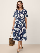 Linen Abstract-Print Pleated-Waist Midi Dress PRIYA by LINTICO for women