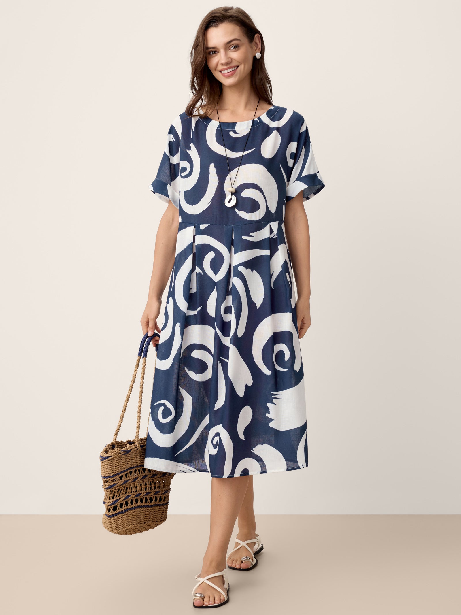 Linen Abstract-Print Pleated-Waist Midi Dress PRIYA by LINTICO for women