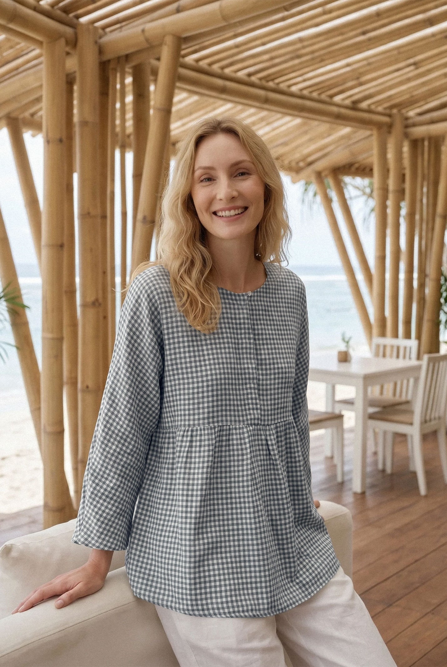 Linen Checked Long-Sleeved Top CAROLINE by LINTICO for women