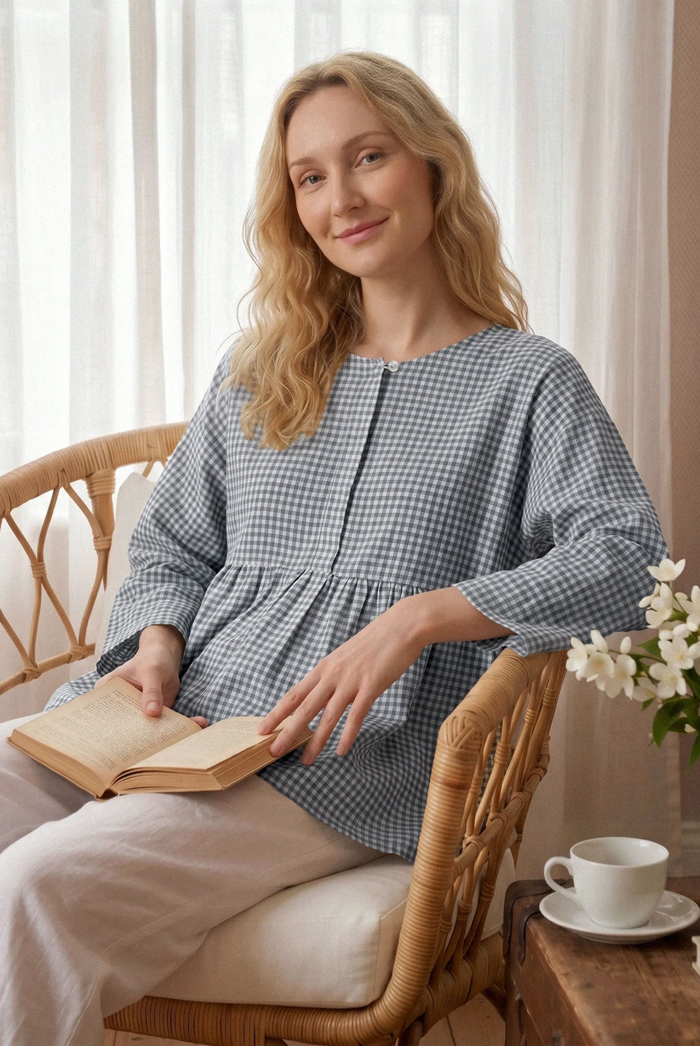 Linen Checked Long-Sleeved Top CAROLINE by LINTICO for women