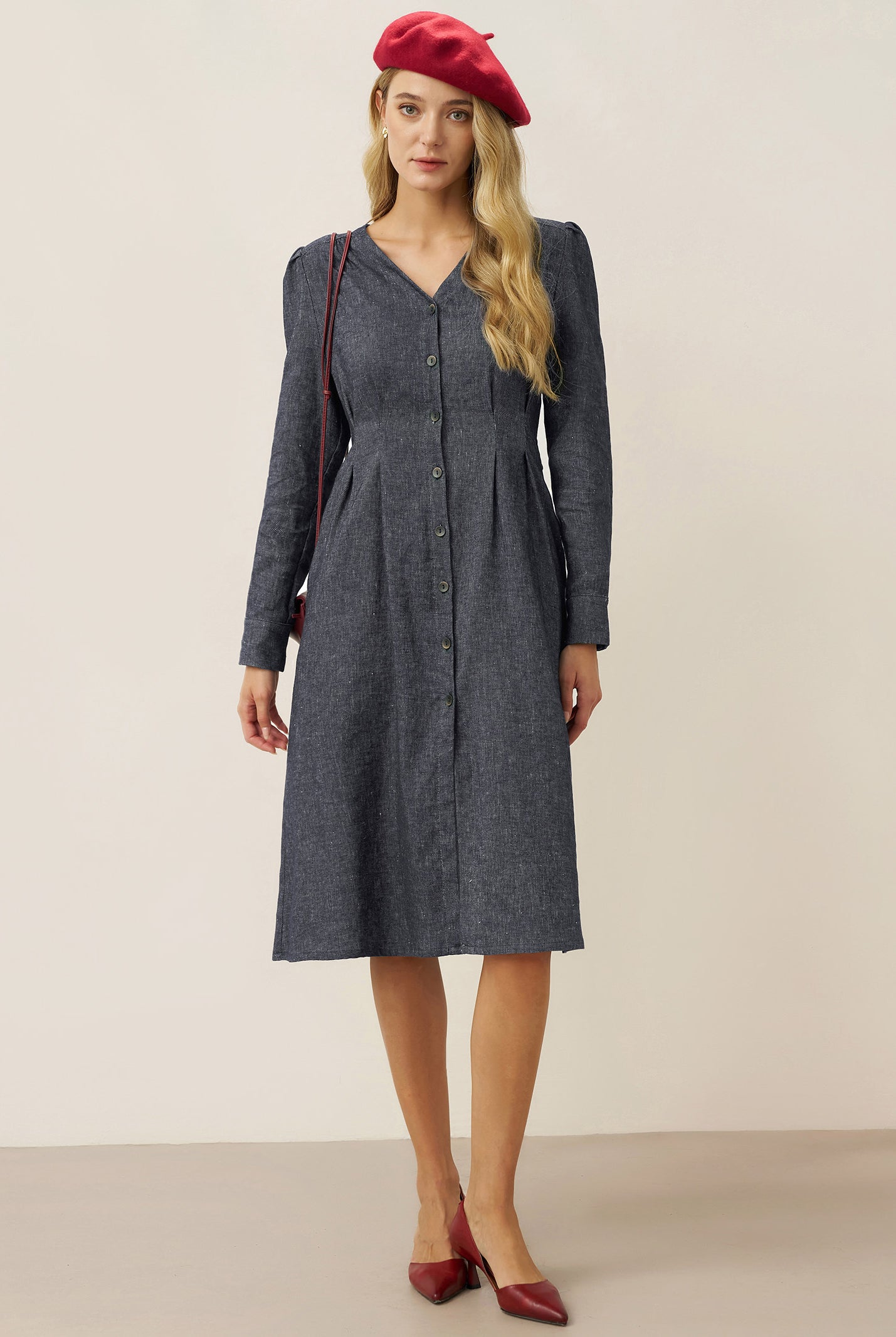 Linen Denim Texture Jacket Dress HANNAH by LINTICO, fabric detail for women