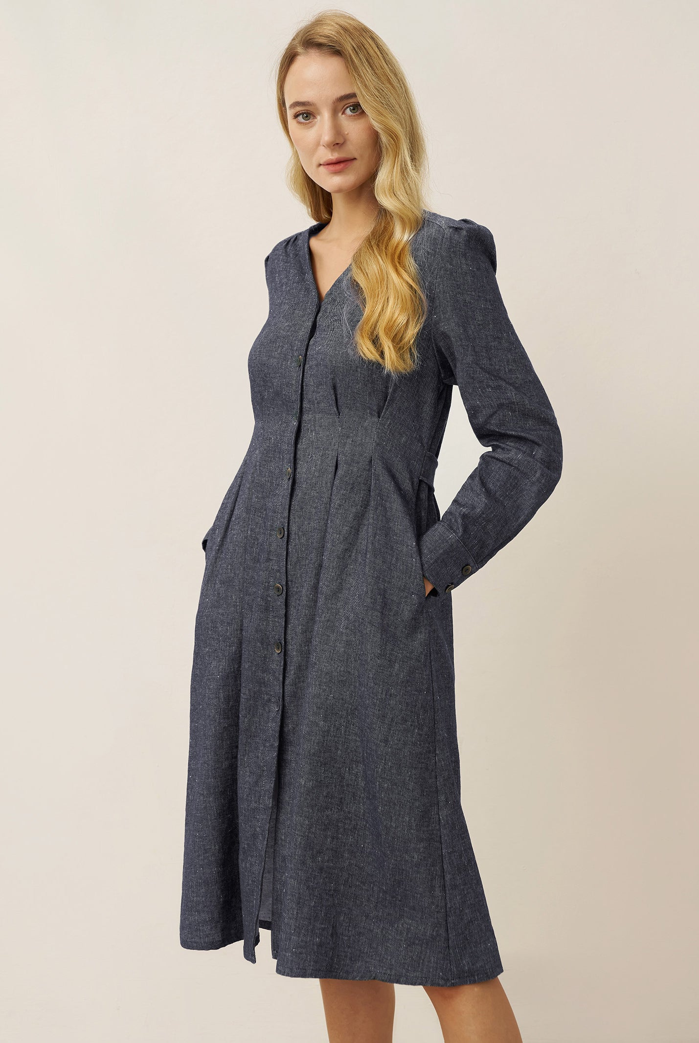 Linen Denim Texture Jacket Dress HANNAH by LINTICO, fabric detail for women