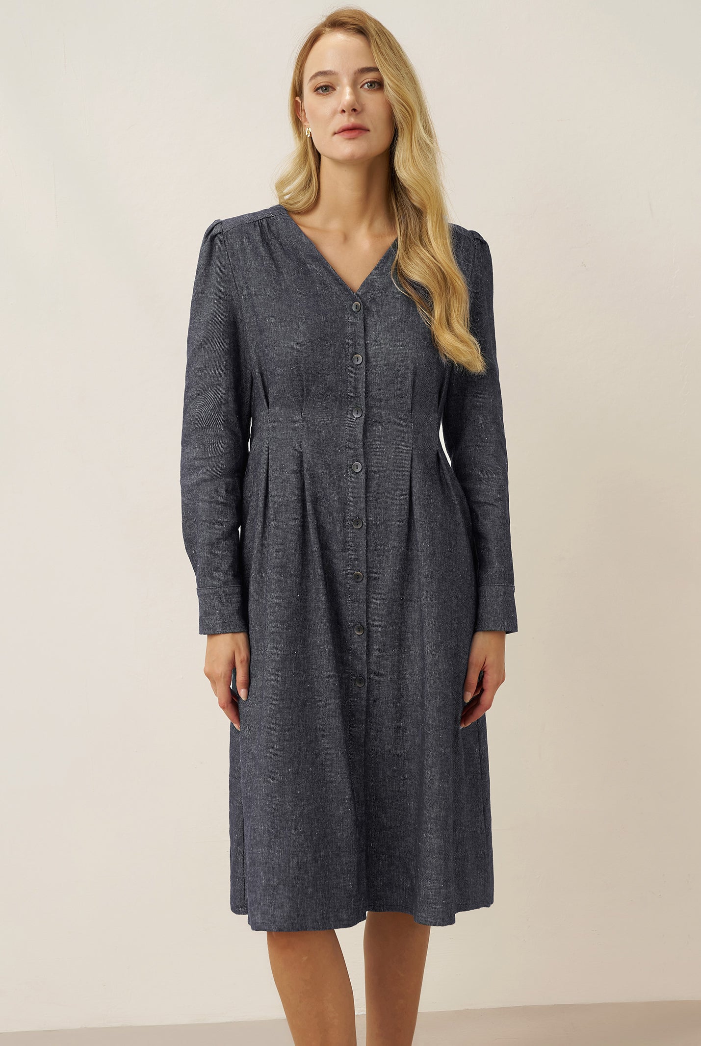 Linen Denim Texture Jacket Dress HANNAH by LINTICO, fabric detail for women
