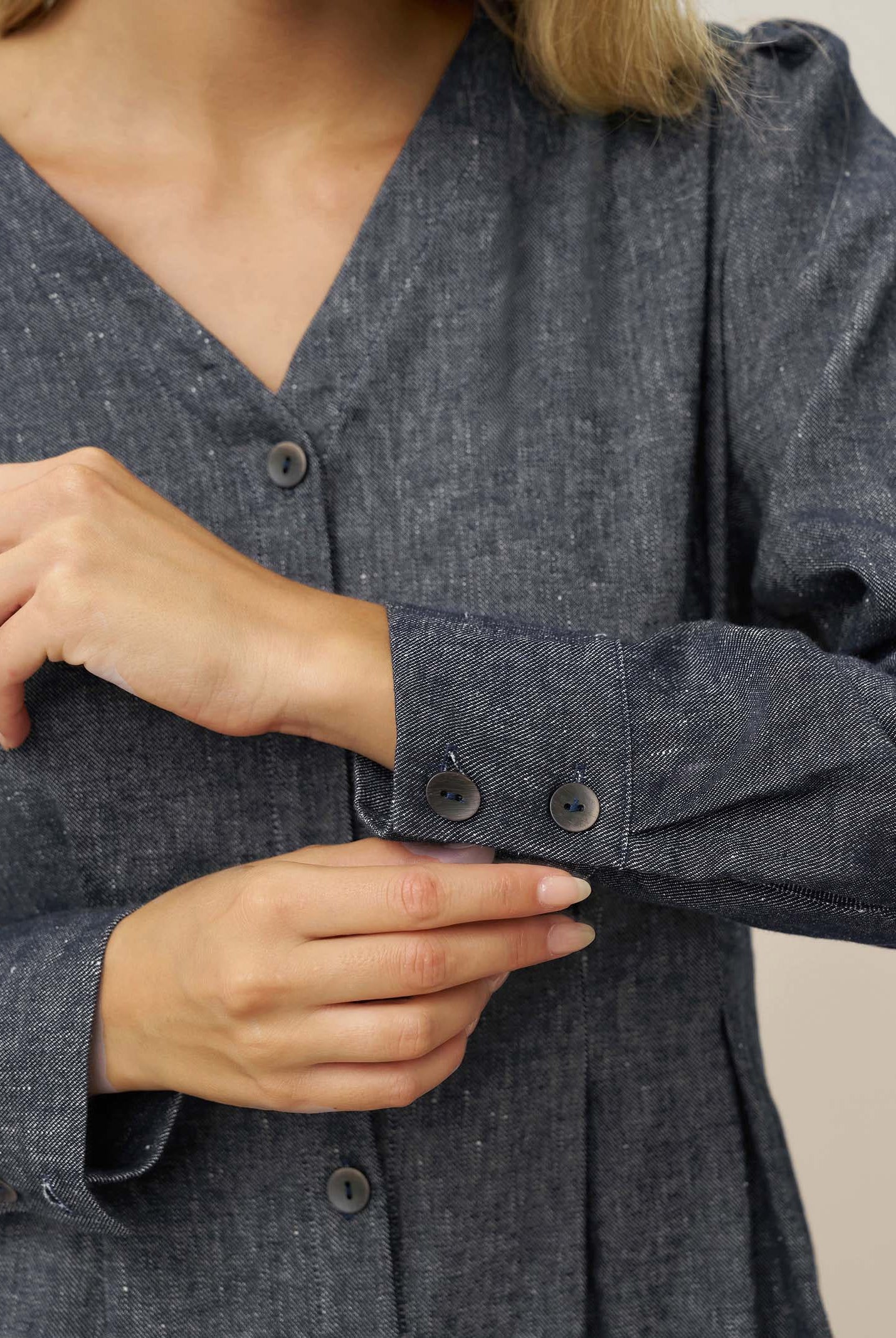 Linen Denim Texture Jacket Dress HANNAH by LINTICO, fabric detail for women