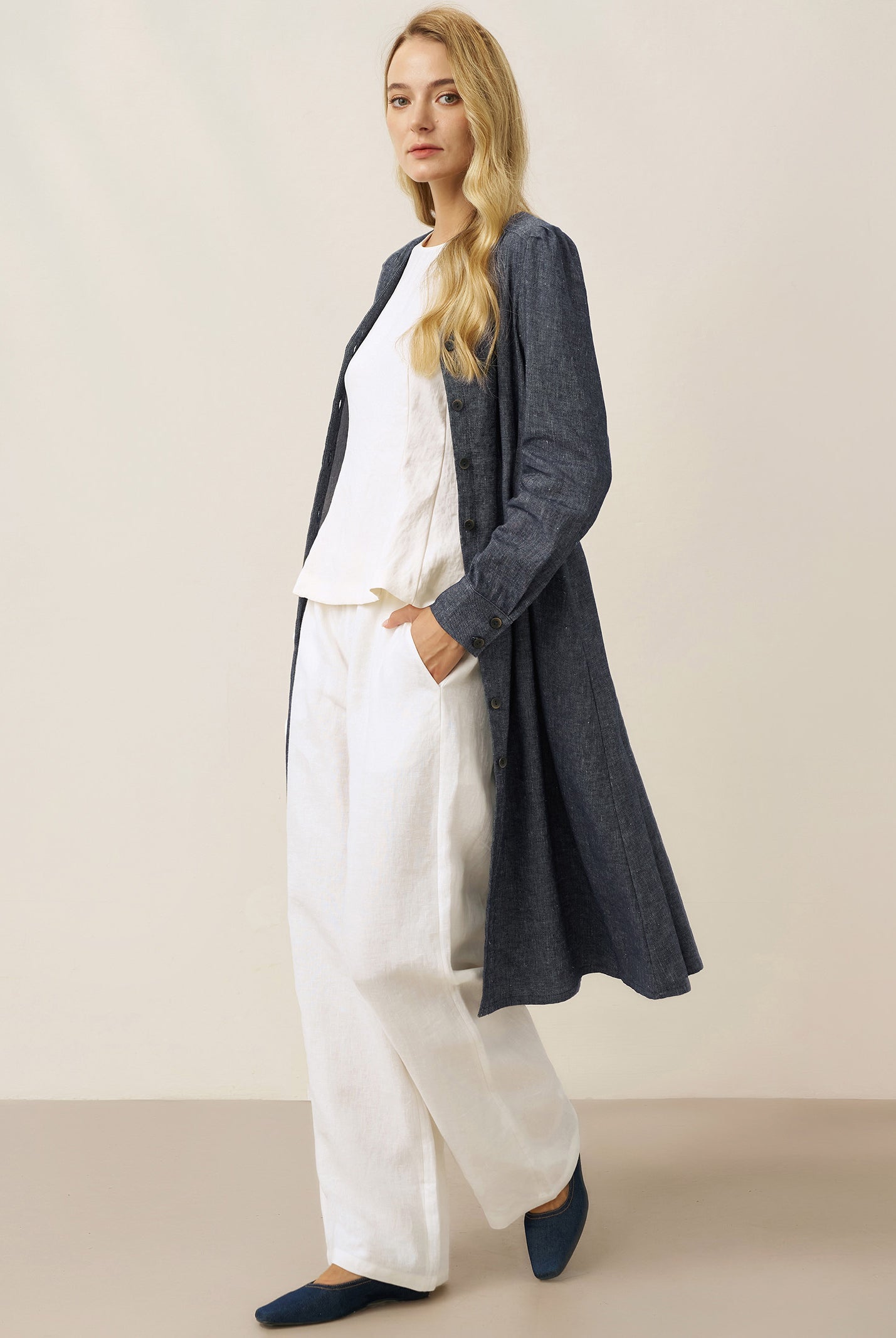Linen Denim Texture Jacket Dress HANNAH by LINTICO, fabric detail for women