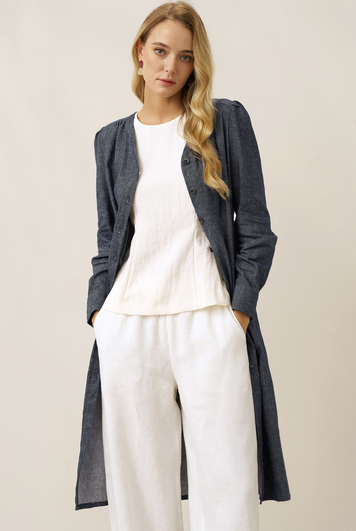 Linen Denim Texture Jacket Dress HANNAH by LINTICO, fabric detail for women