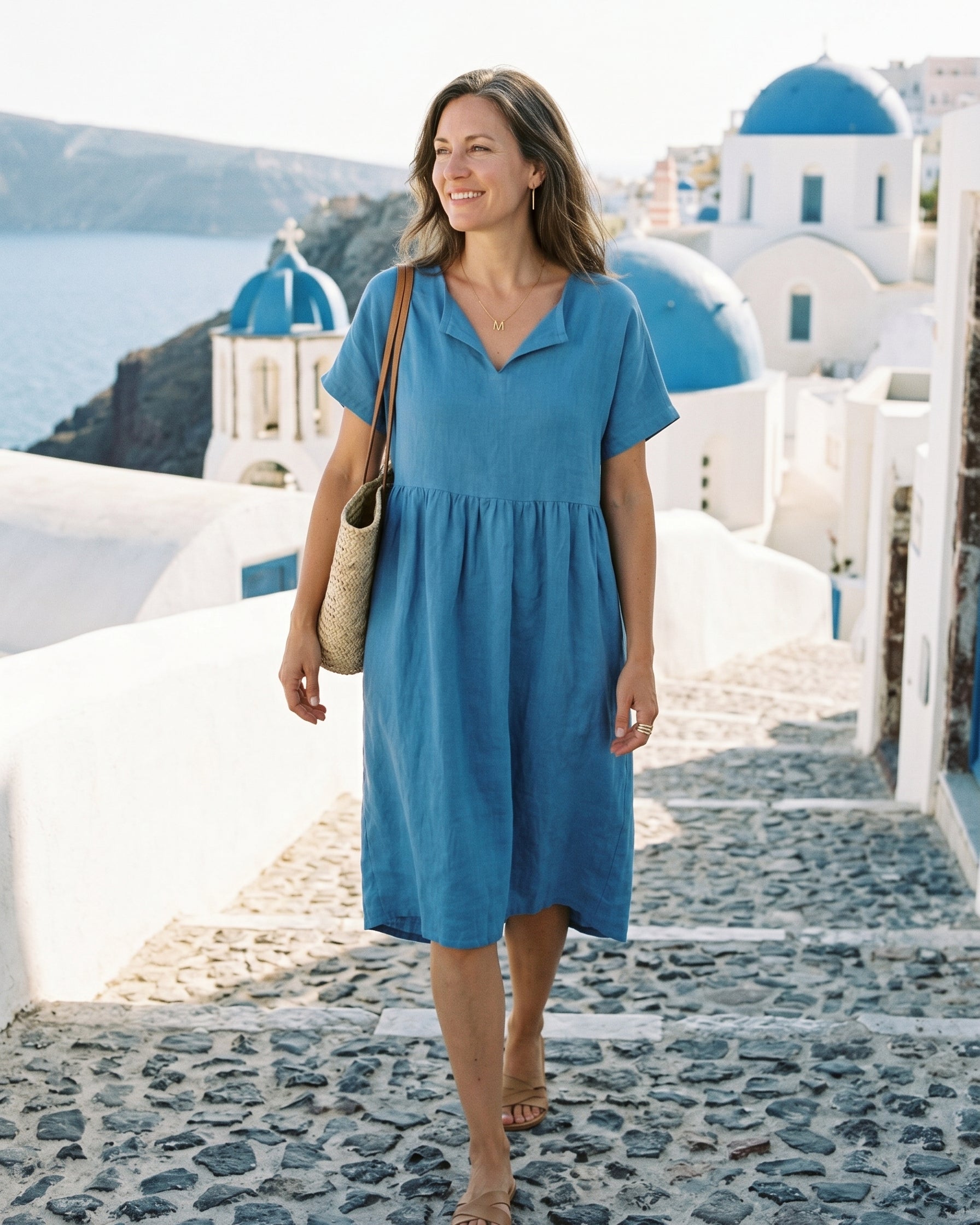 Linen Gathered-Hem Split-Neck Midi Dress SYDNEY