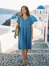 Linen Gathered-Hem Split-Neck Midi Dress SYDNEY