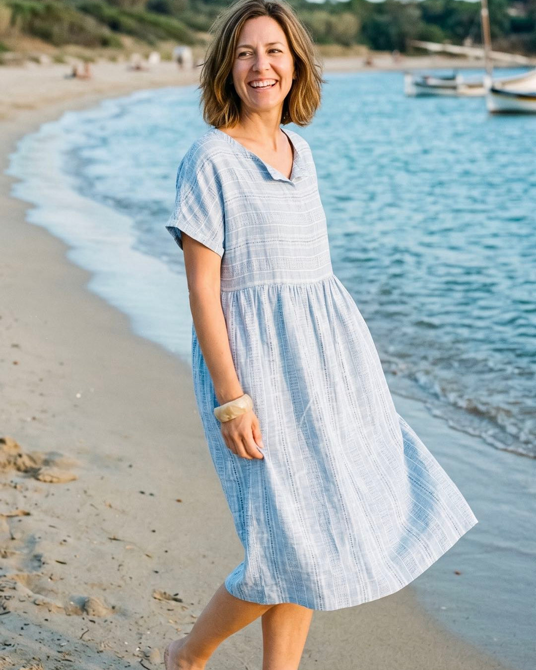 Linen Gathered-Hem Split-Neck Midi Dress SYDNEY 1