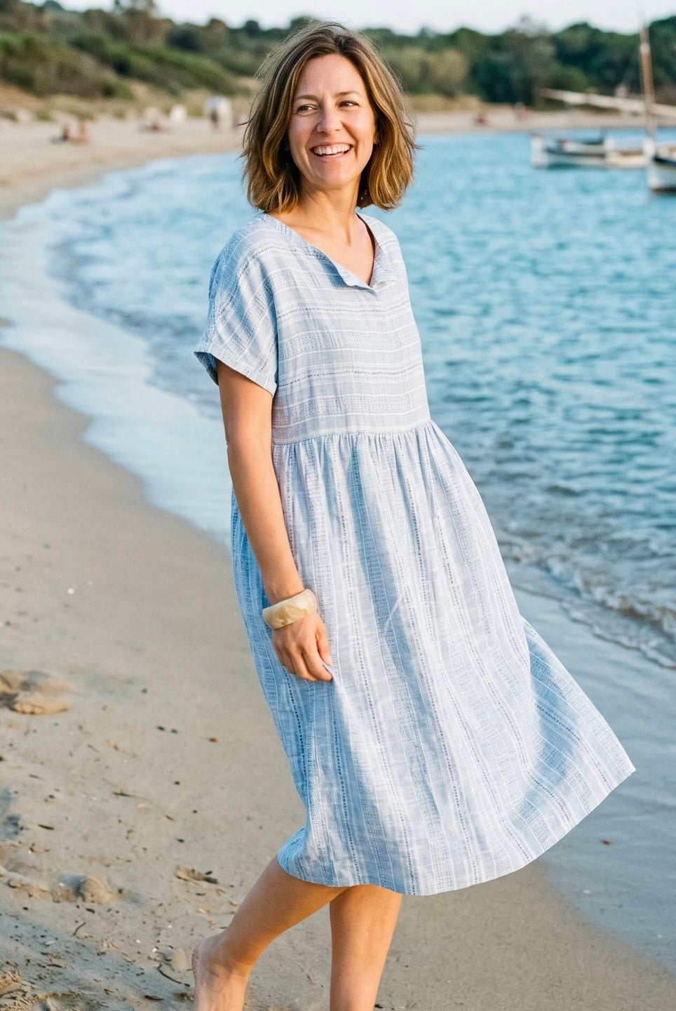 Linen Gathered-Hem Split-Neck Midi Dress SYDNEY 1