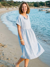 Linen Gathered-Hem Split-Neck Midi Dress SYDNEY 1