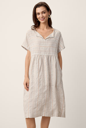 Linen Gathered-Hem Split-Neck Mini Dress SYDNEY by LINTICO for women