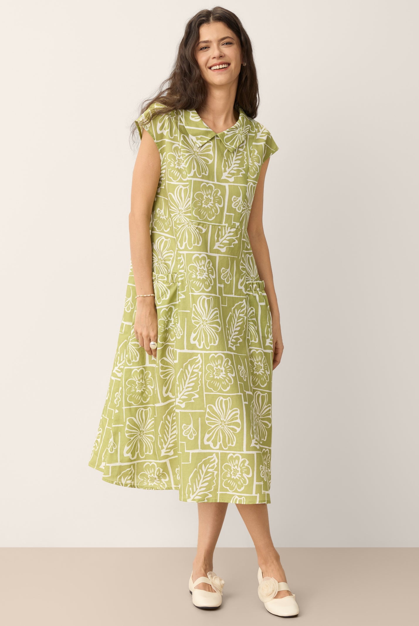 Linen Geometric Floral Peter-Pan Collar Midi Dress FABIENNE by LINTICO for women