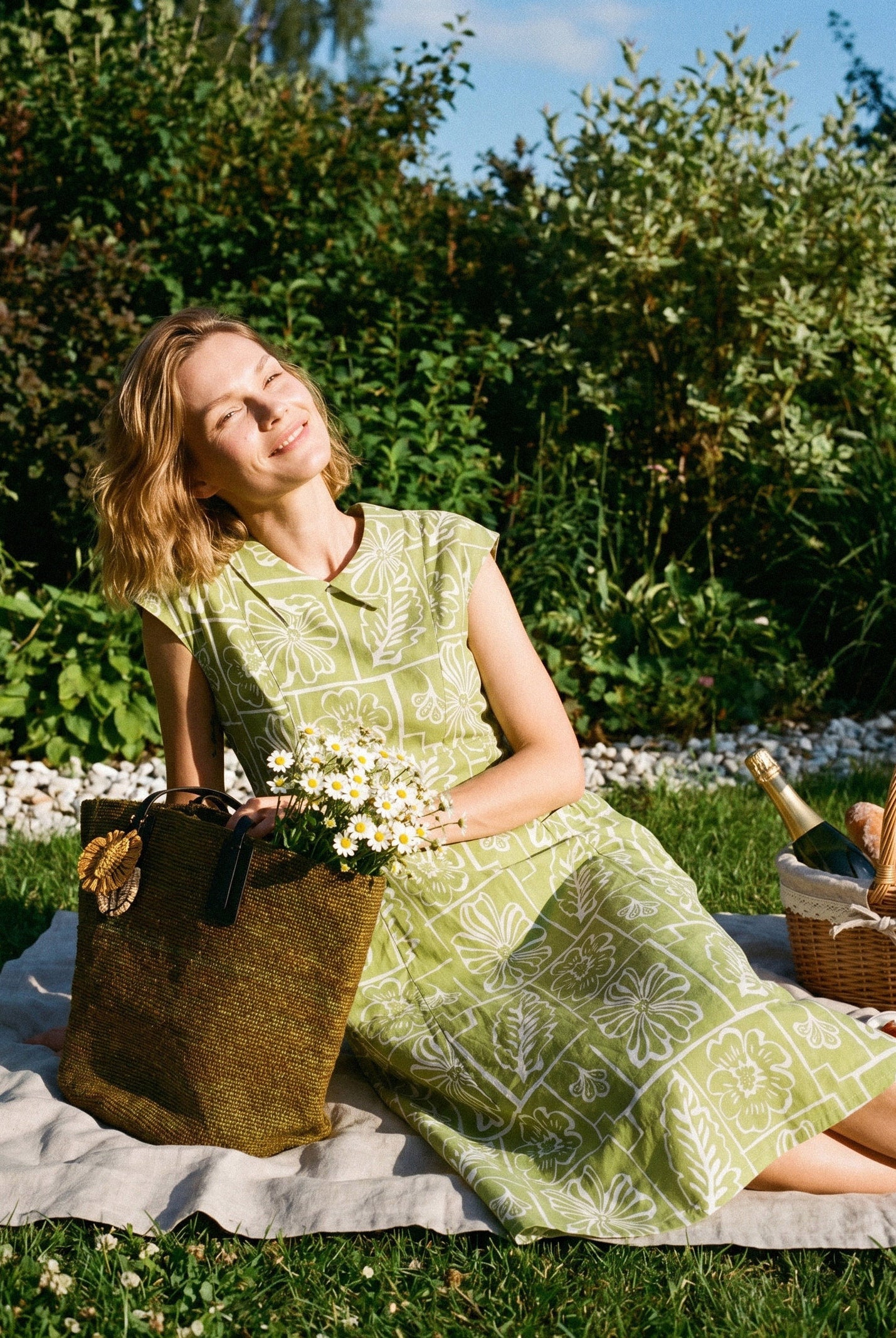 Linen Geometric Floral Peter-Pan Collar Midi Dress FABIENNE by LINTICO for women