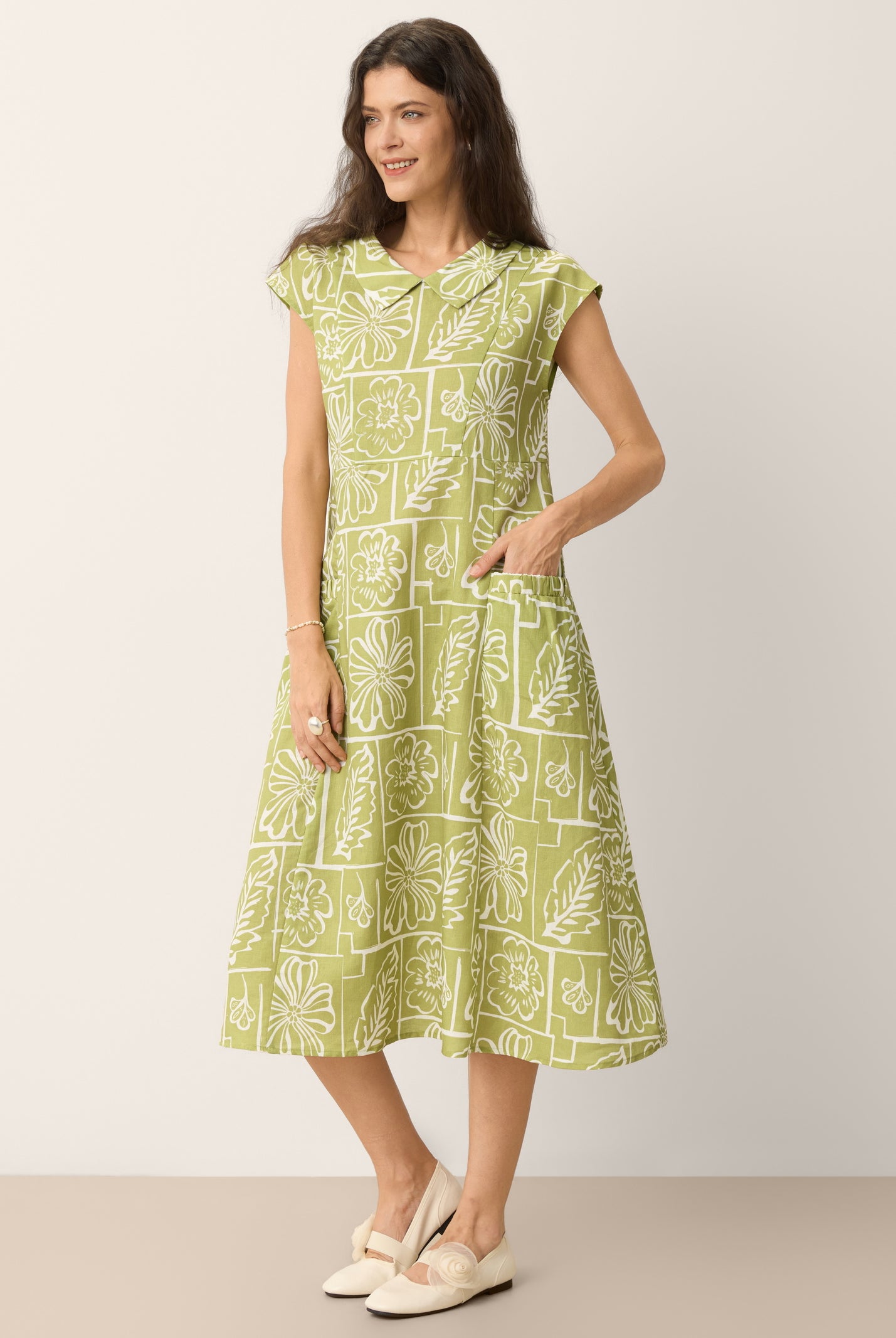 Linen Geometric Floral Peter-Pan Collar Midi Dress FABIENNE by LINTICO for women