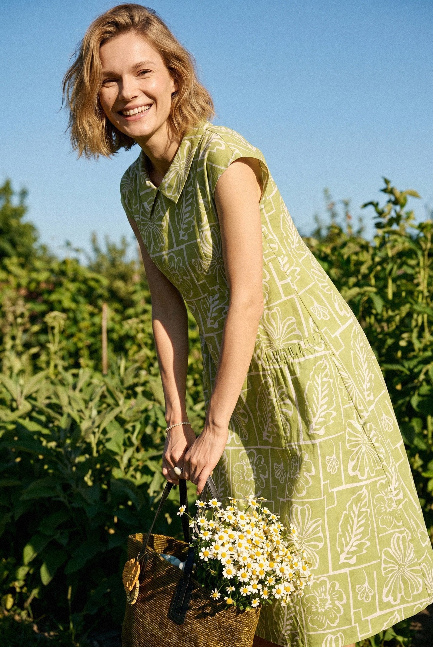 Linen Geometric Floral Peter-Pan Collar Midi Dress FABIENNE by LINTICO for women