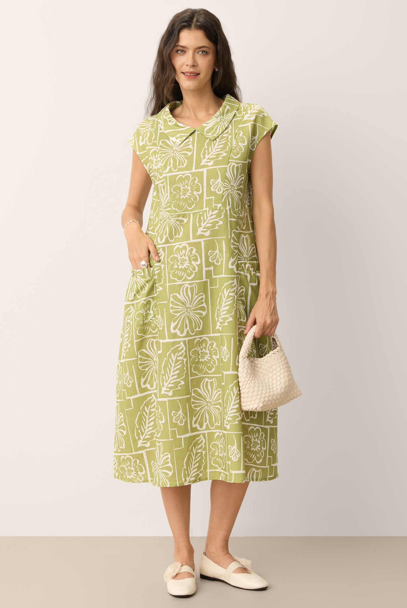 Linen Geometric Floral Peter-Pan Collar Midi Dress FABIENNE by LINTICO for women