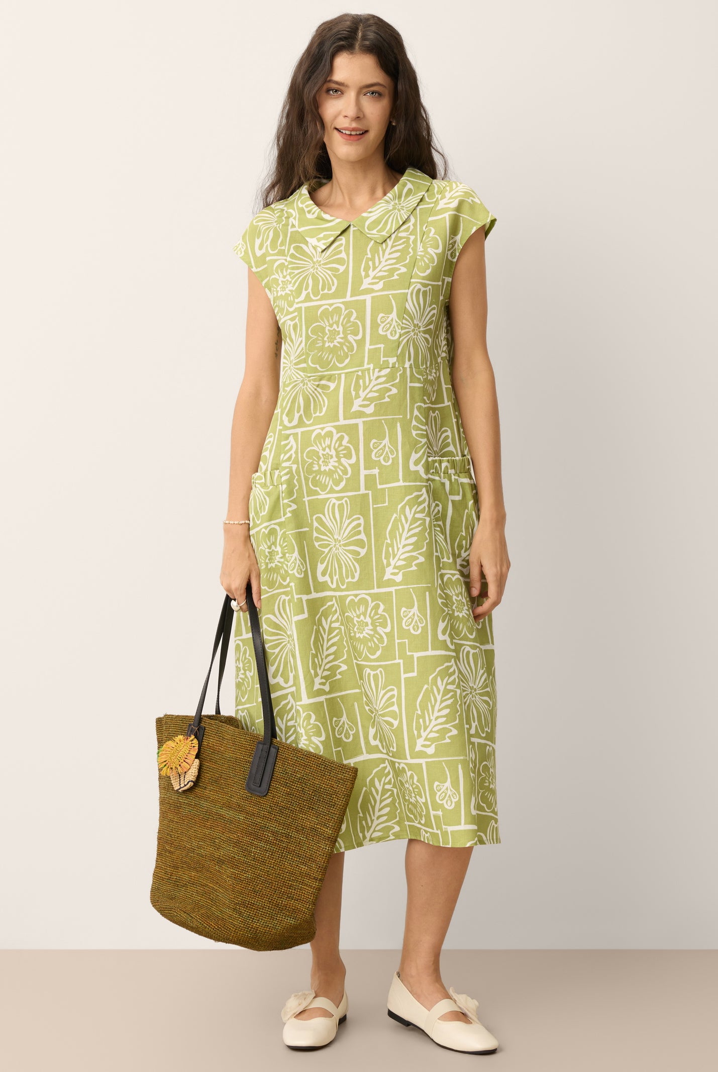 Linen Geometric Floral Peter-Pan Collar Midi Dress FABIENNE by LINTICO for women