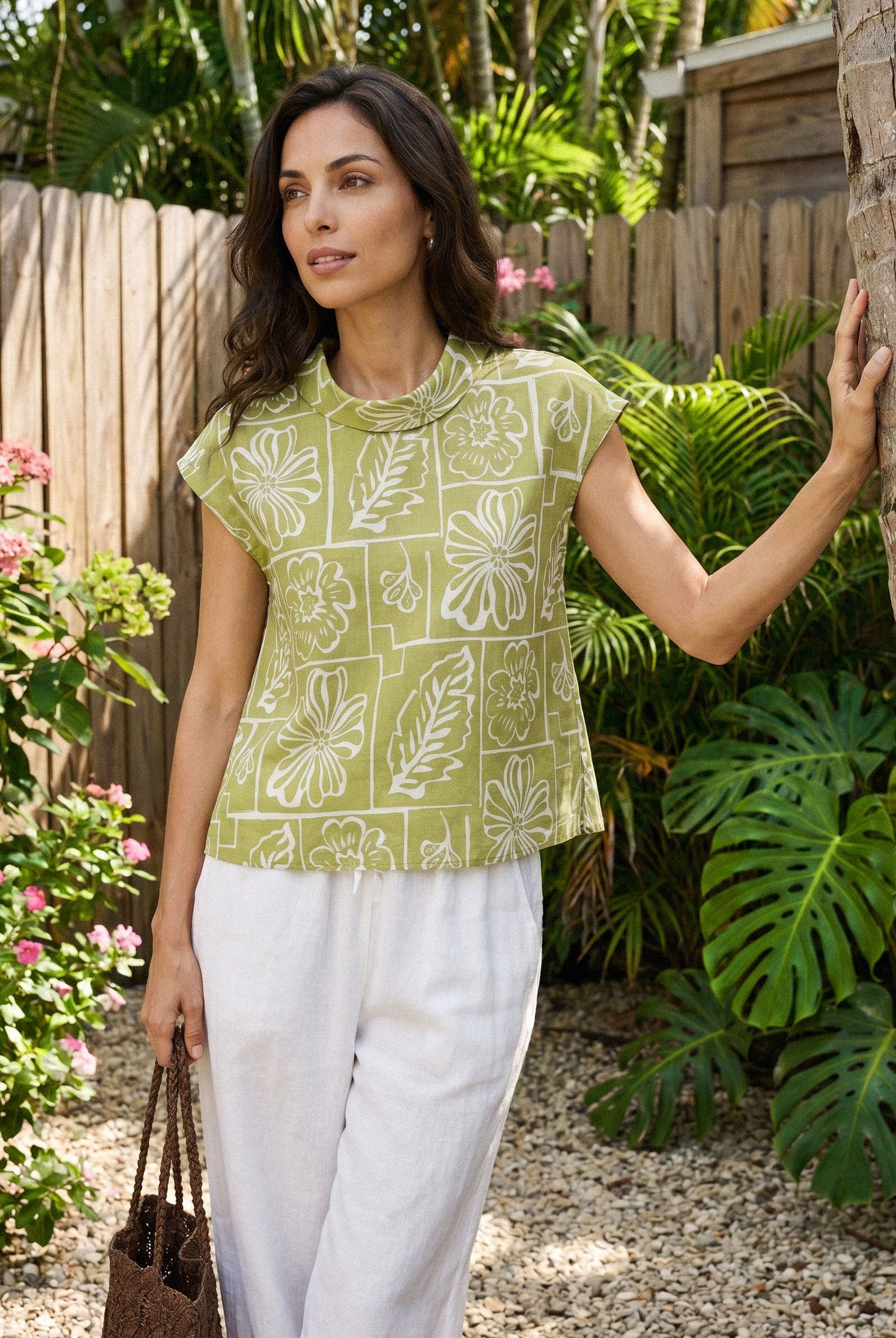 Linen Geometric Floral Stand-Collar Top DELPHINA by LINTICO for women